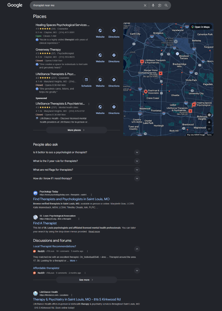 Real Google dark-mode search results for therapist near me showing the Map Pack with three local practices and a map, People Also Ask questions, organic blue-link results from Psychology Today and others, and a Discussions and forums section with Reddit threads
