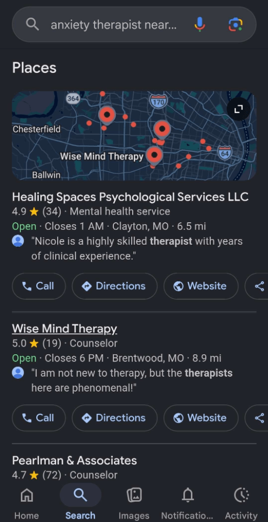 Mobile phone Google search results for anxiety therapist near me showing Map Pack cards with therapist photos, star ratings, Open Now badge, and distance indicators