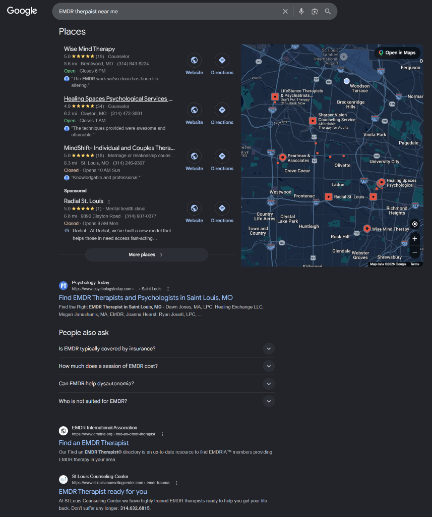 Google search results for therapist near me showing a Map Pack with three local business listings and standard organic results with no AI Overview box visible