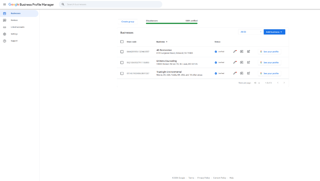 Google Business Profile dashboard at business.google.com showing the main search bar, business management interface, and profile overview cards