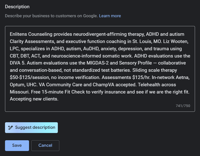 Google Business Profile business description text editor showing a 750-character description field with character counter for a therapist practice