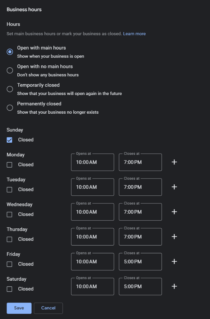 Google Business Profile hours editing interface showing a grid with each day of the week, opening and closing times, and toggle switches for marking days as closed