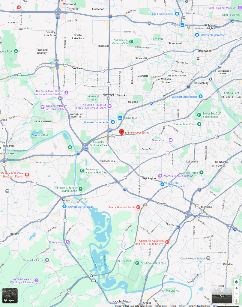 Google Maps view centered on a therapist office location with a translucent radius circle showing the effective local SEO ranking area based on proximity