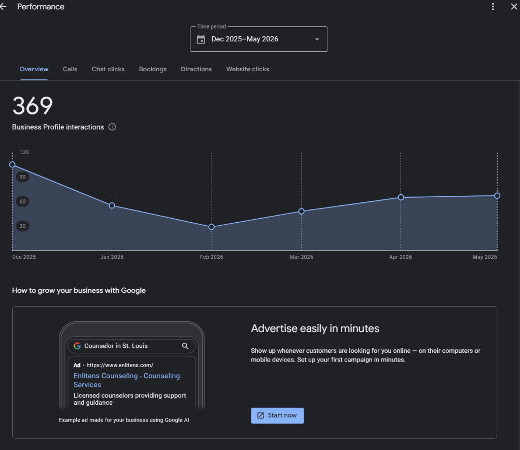 Google Business Profile Performance tab showing search queries, profile views, direction requests, and call metrics with trend lines over time