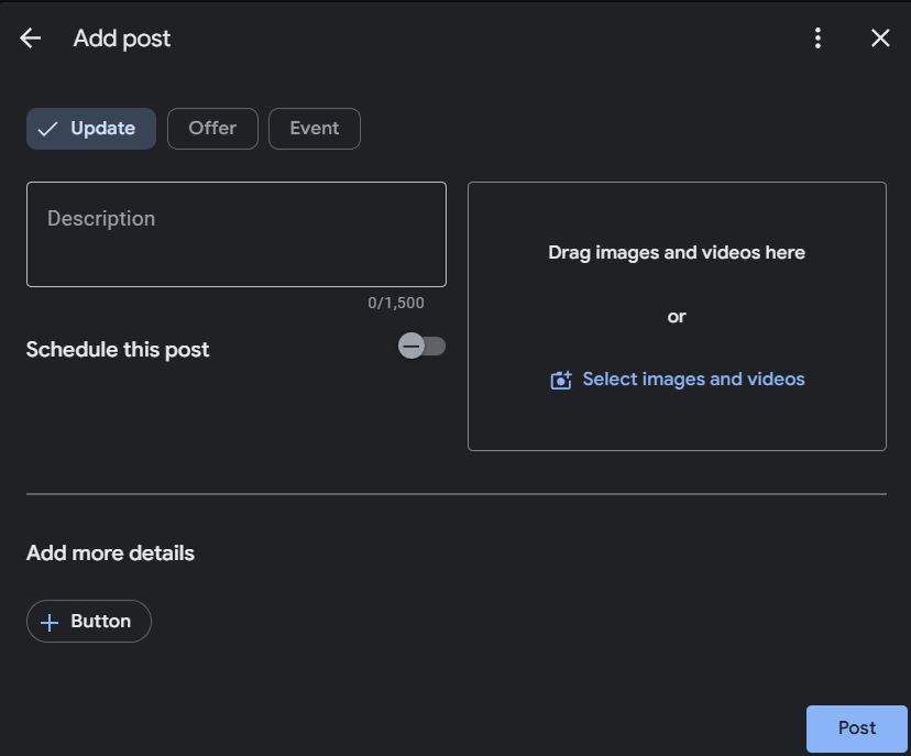 Google Business Profile post composer interface showing the text field, photo upload area, CTA button options, and publish button for creating a GBP update