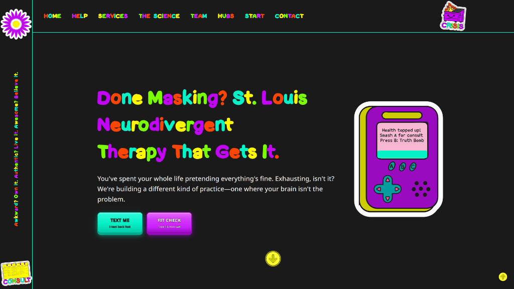 Enlitens.com home page showing a bold, neurodivergent-affirming hero section with a somatic-recognition headline, custom interactive graphics, and clear action buttons.