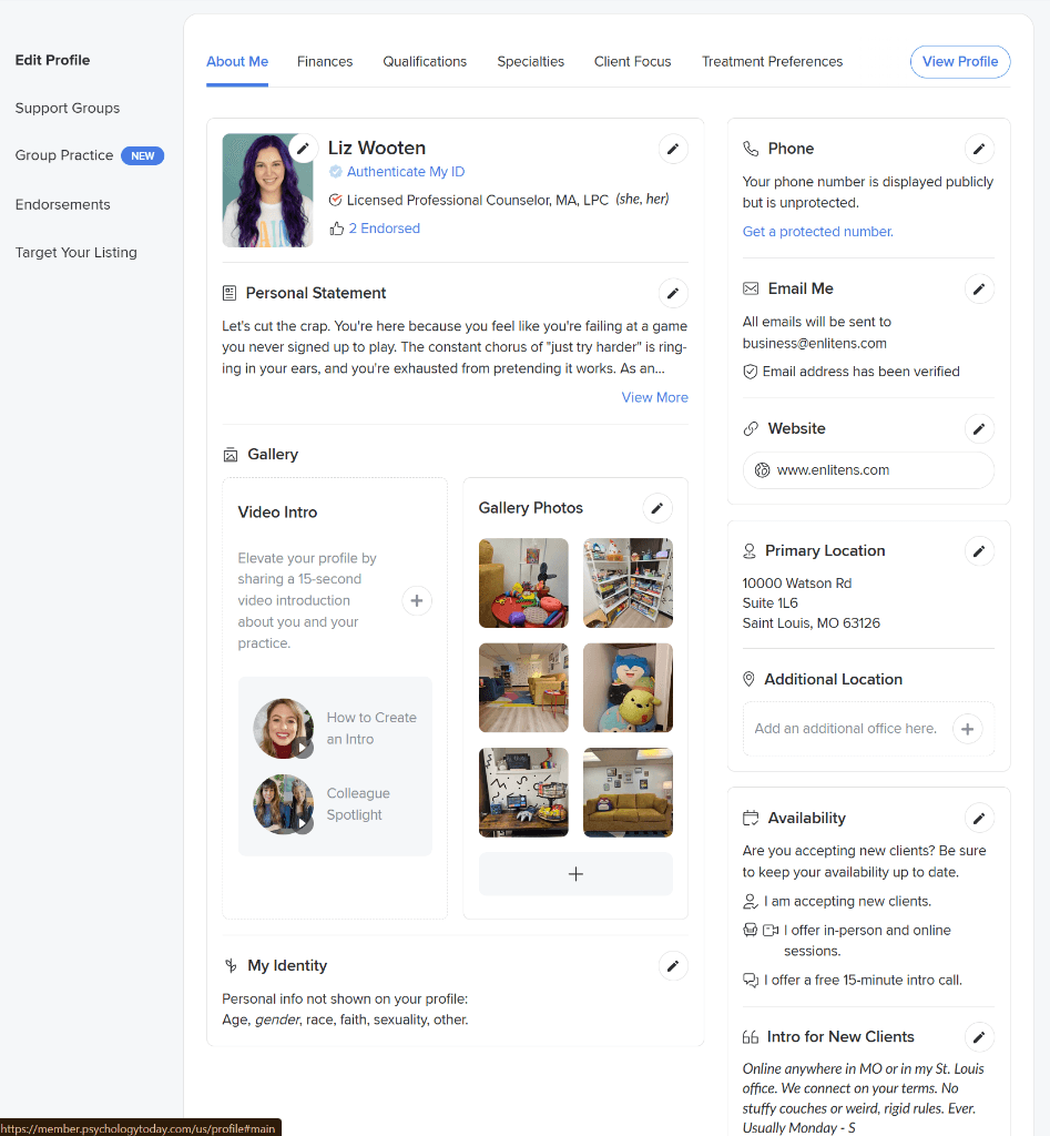 Psychology Today profile editor backend showing the 'About Me' tab, including personal statement, video intro, gallery photos, and sidebar fields like availability and intro to new clients.