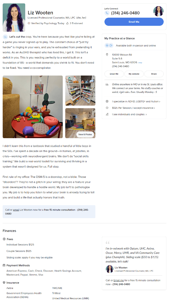 A Psychology Today therapist profile page with the three text box zones annotated: Box 1 Hook at 640 characters, Box 2 Process at 360 characters, and Box 3 Invitation at 360 characters