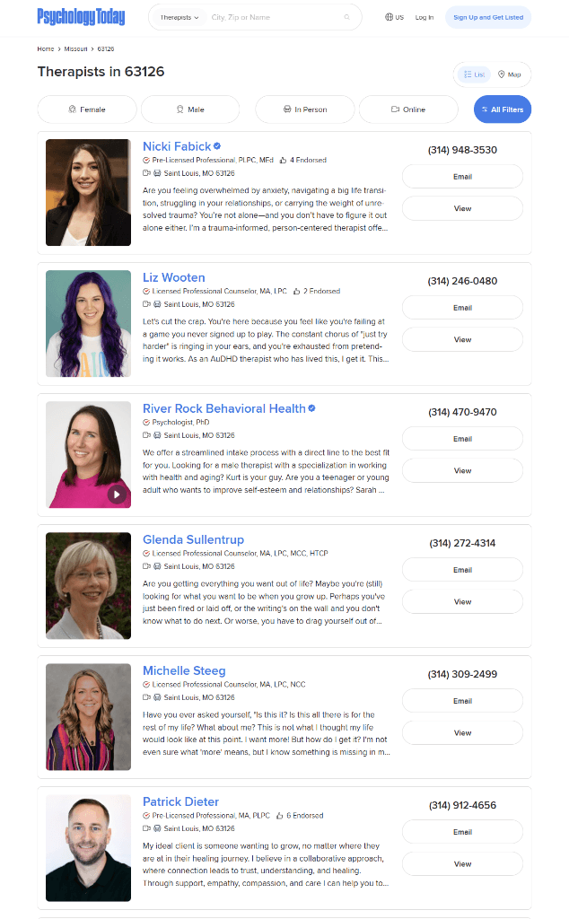 Psychology Today search results page showing local therapist profile cards.