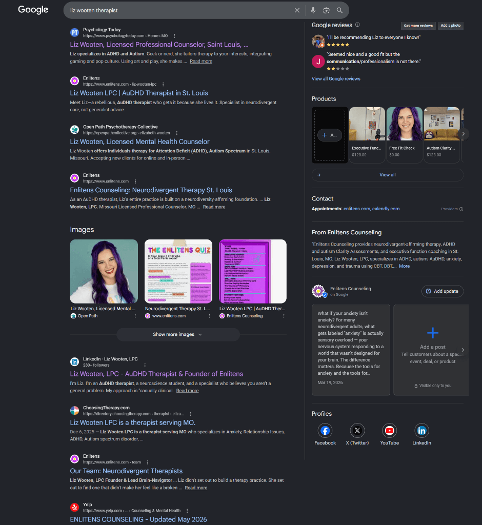 Google search results for a therapist name showing their Google Business Profile, website, Psychology Today listing, and directory profiles creating a complete branded search presence