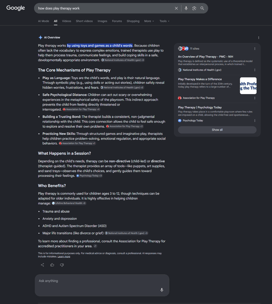 Google search results page showing an AI Overview summary box with citation links to source websites, demonstrating how AI-cited brands receive increased organic click-through rates