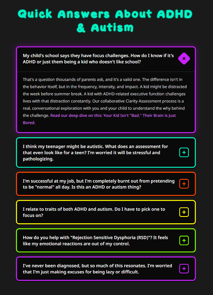 A modern web editor FAQ accordion interface showing a question-and-answer editor that automatically generates FAQ schema markup in the background, demonstrating the zero-code approach to making content AI-citation-eligible