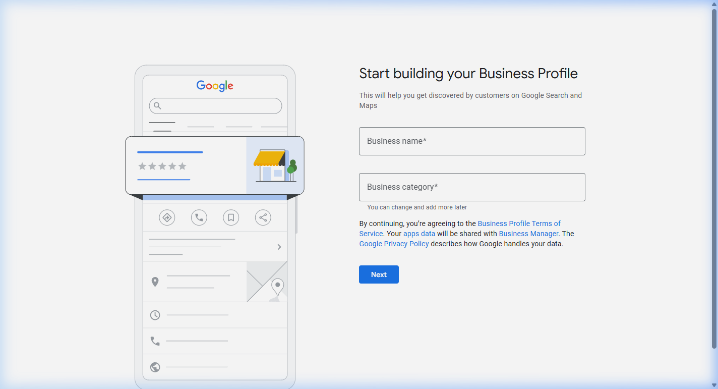 Google Business Profile creation screen with business name field showing 'Example Therapy Practice' and business category dropdown showing 'Psychotherapist' selected