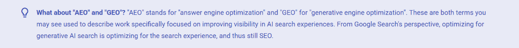 Google Search Central documentation showing a highlighted callout box that defines AEO and GEO as standard SEO
