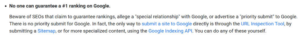 Google documentation stating that no one can guarantee a number 1 ranking on Google