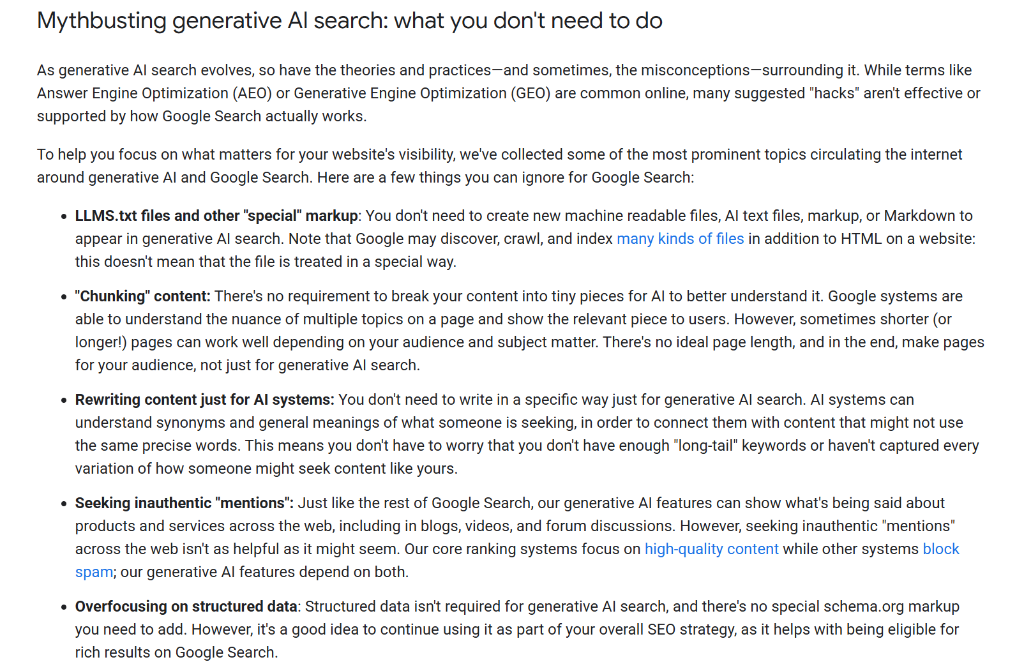 Google Search Central mythbusting section listing tactics that do not work for AI search optimization