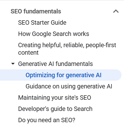 Google Search Central sidebar navigation showing the AI search optimization guide filed under SEO Fundamentals
