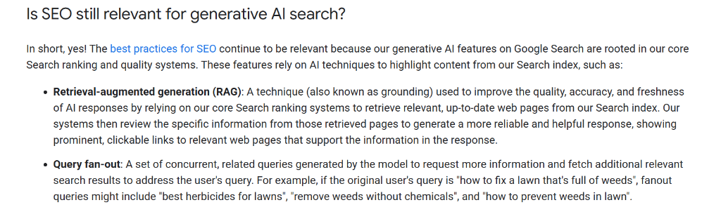 Google documentation confirming that traditional SEO practices remain relevant for AI search features