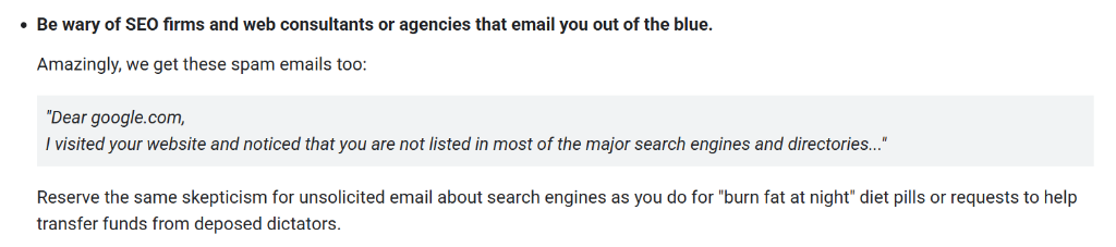 Google documentation warning about unsolicited SEO agency emails, comparing them to spam